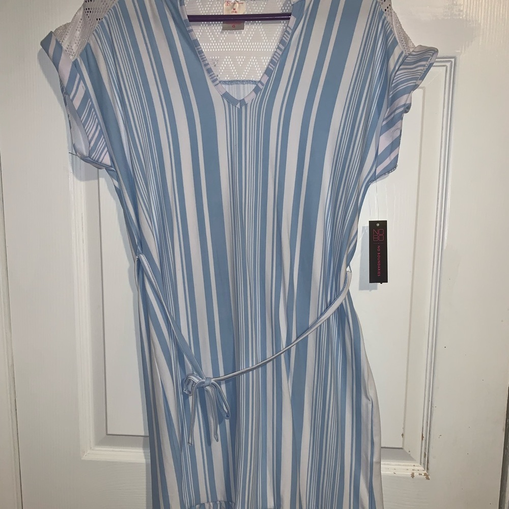 medium blue and white dress. Lace in back